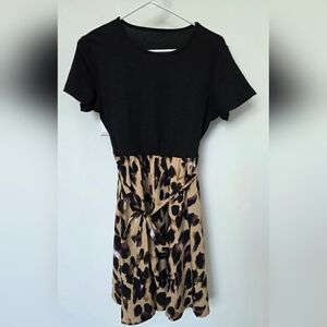 Black Top with Tan Leopard Print Midi Dress with Waist Tie
